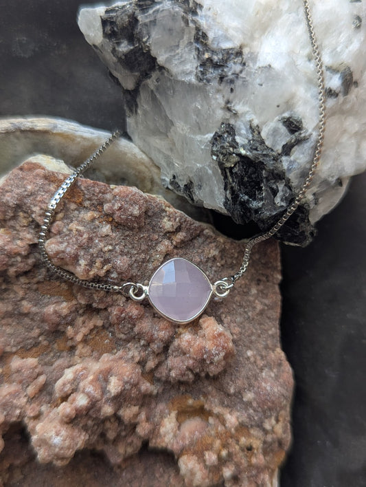 Faceted Pink Square Silver Slider Bracelet