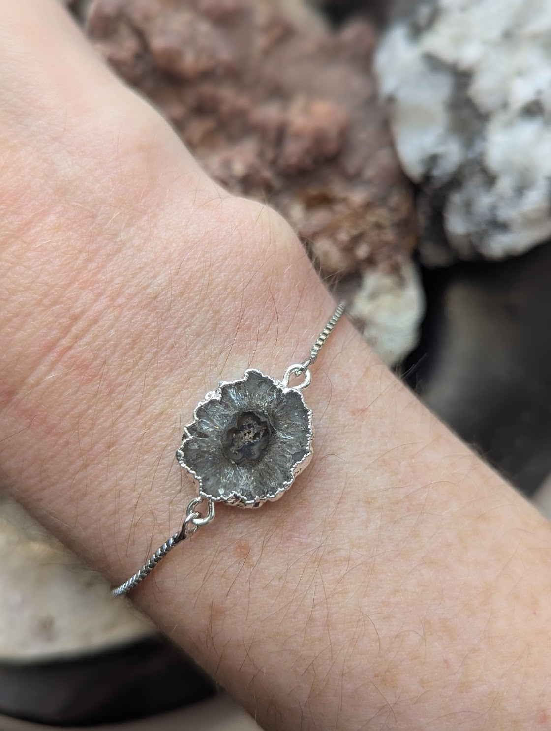 Gray and Black Agate Slice Silver Slider Bracelet