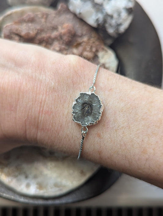 Gray and Black Agate Slice Silver Slider Bracelet