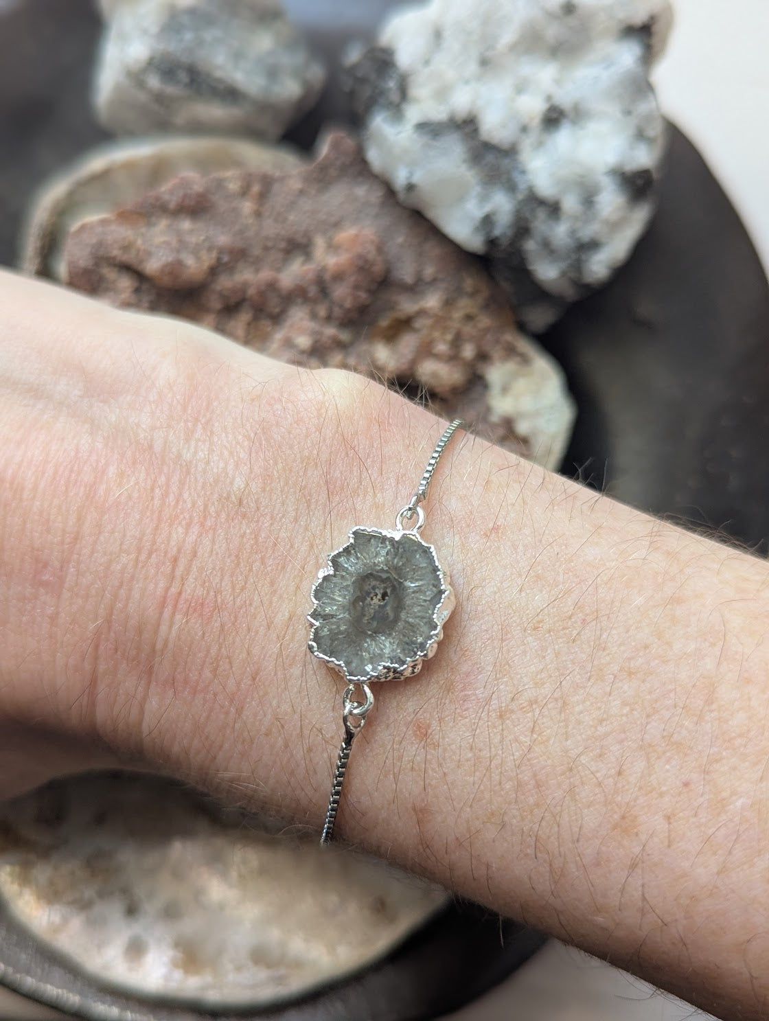 Gray and Black Agate Slice Silver Slider Bracelet