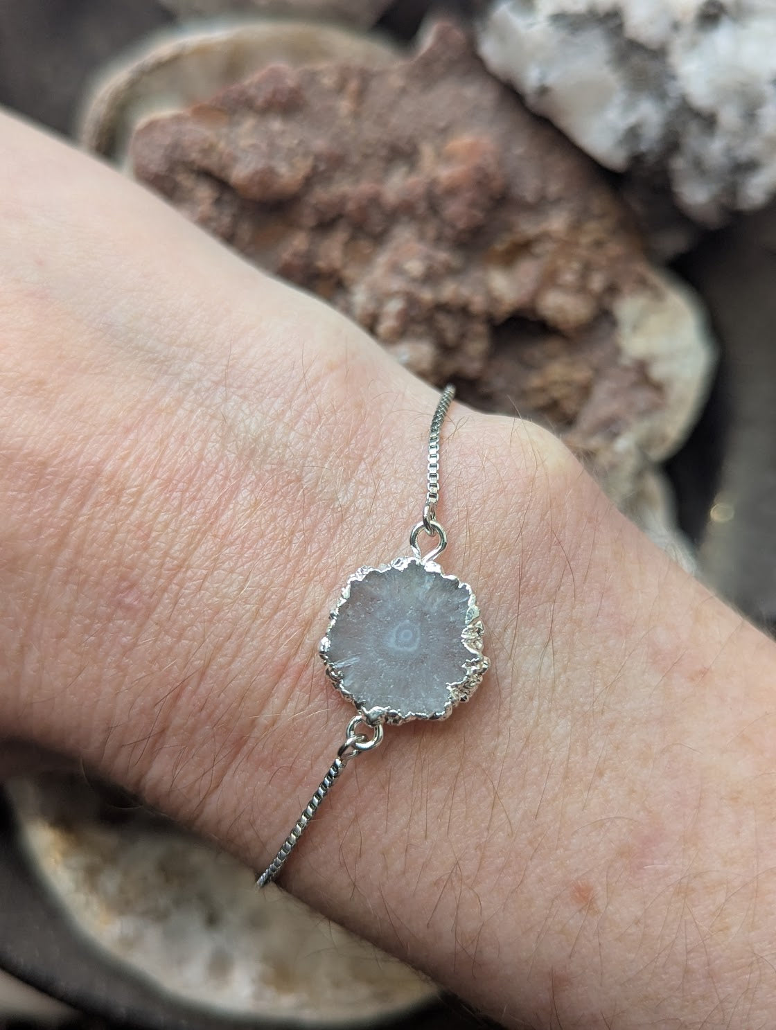 White Agate Slice Silver Slider Bracelet