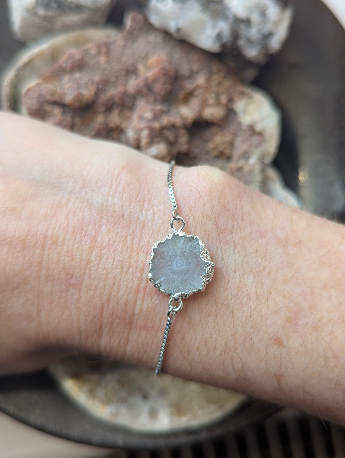 White Agate Slice Silver Slider Bracelet