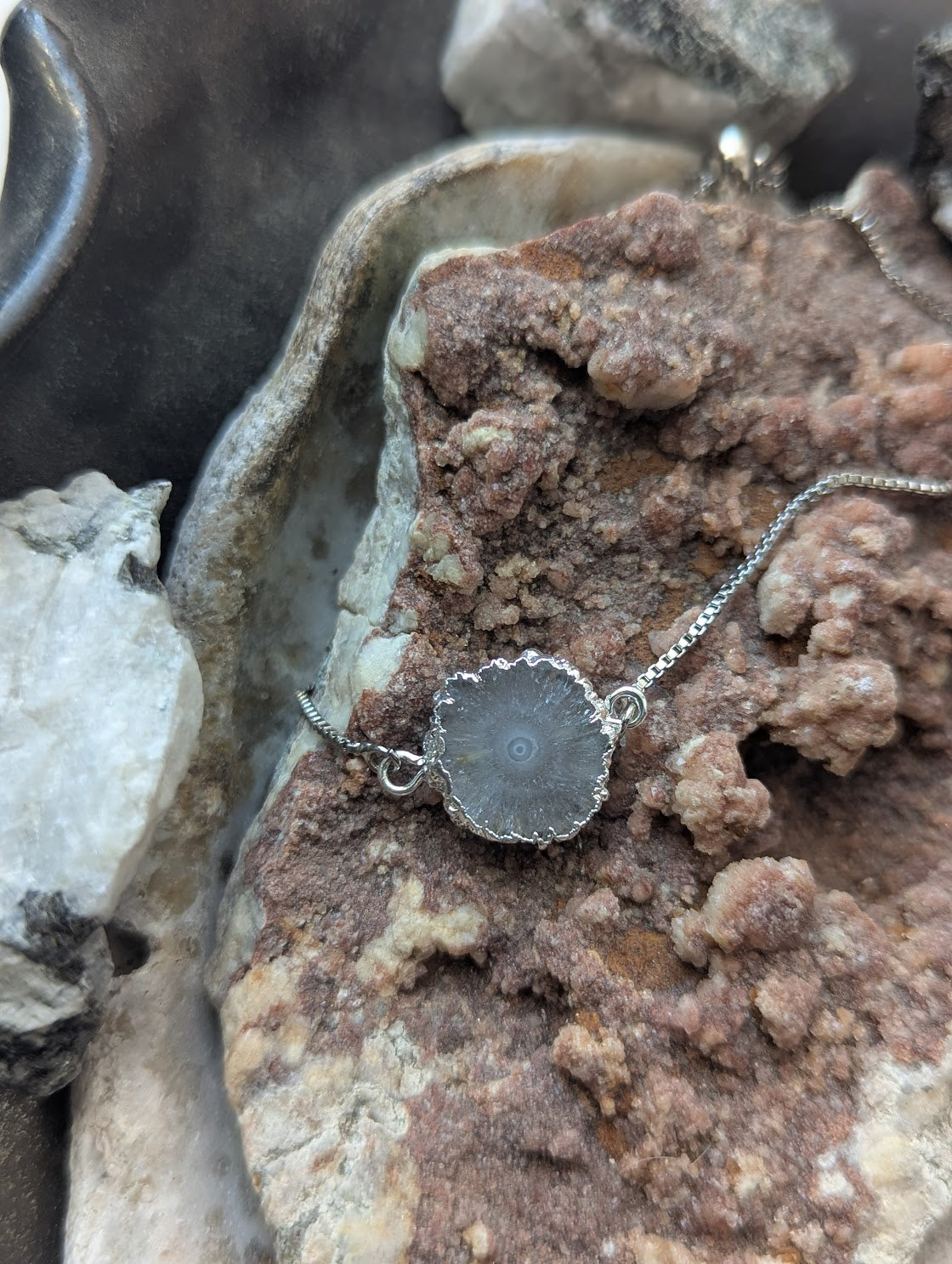 White Agate Slice Silver Slider Bracelet