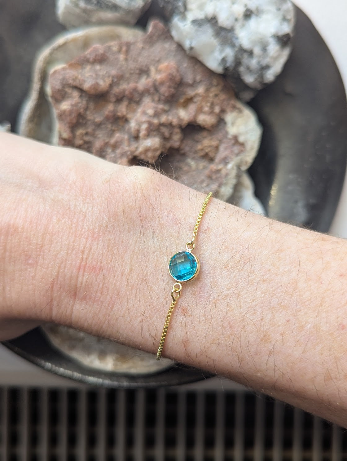 Aqua Faceted Round Gold Slider Bracelet