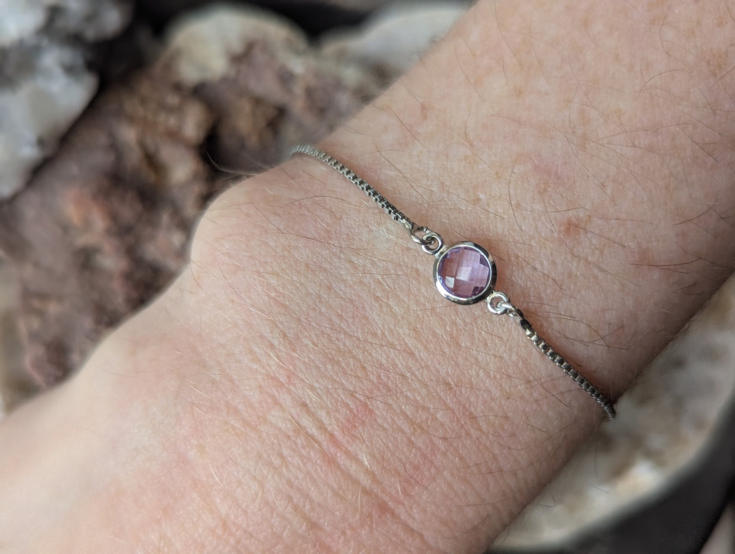Small Faceted Gemstone Silver Slider Bracelet (Various Colors Available)