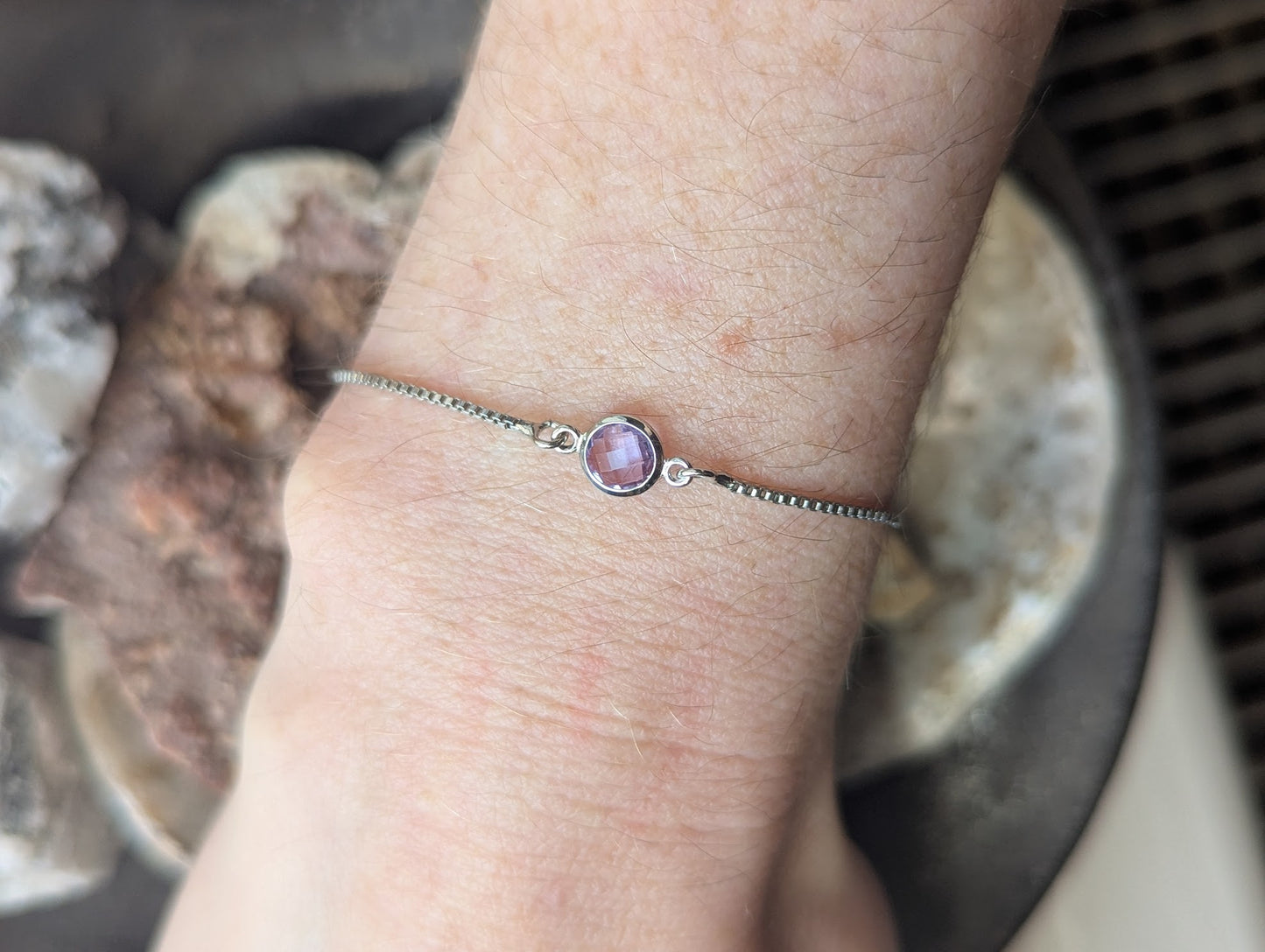 Small Faceted Gemstone Silver Slider Bracelet (Various Colors Available)