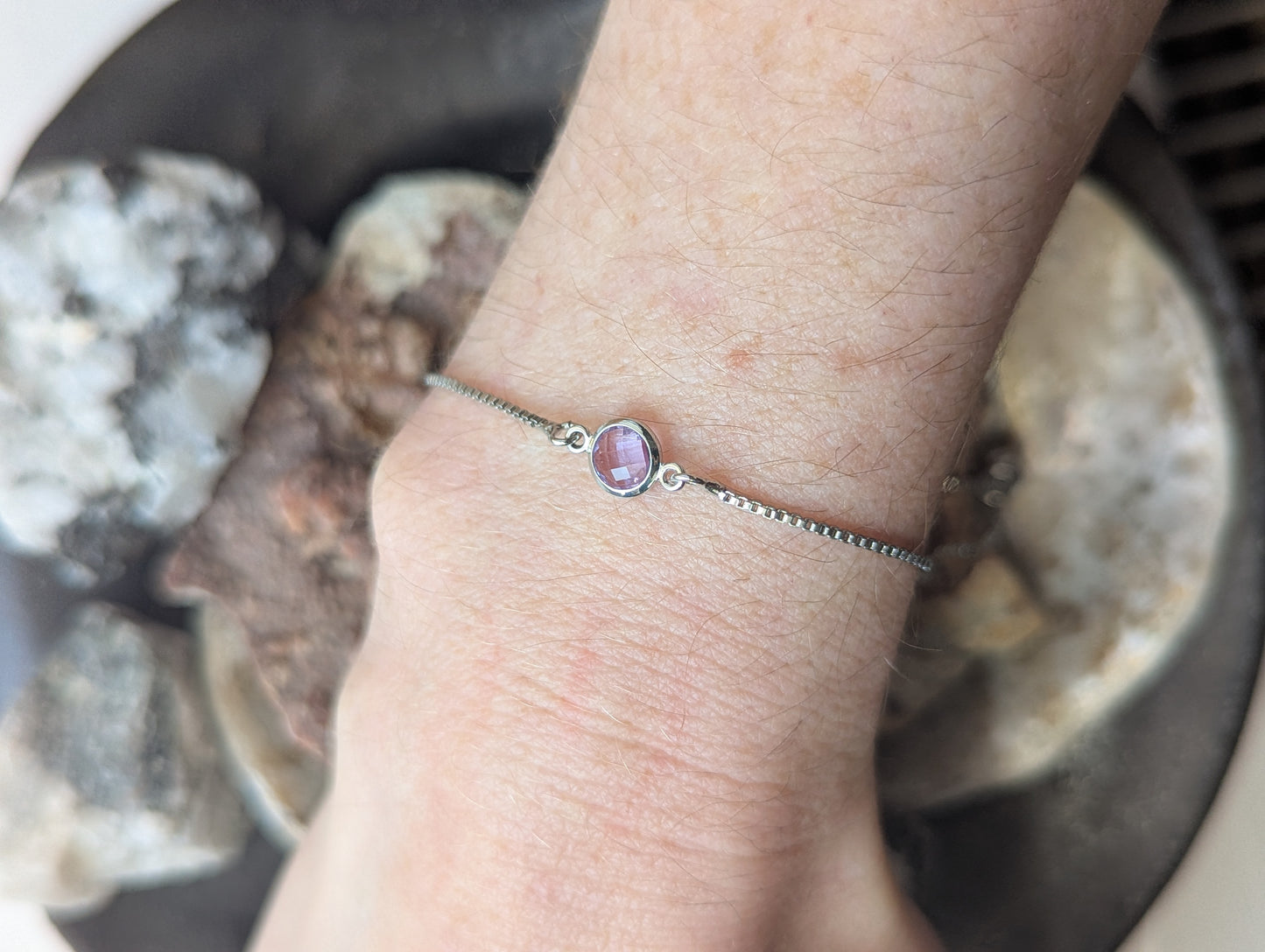 Small Faceted Gemstone Silver Slider Bracelet (Various Colors Available)