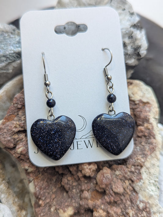 Blue Goldstone Heart Silver Earrings