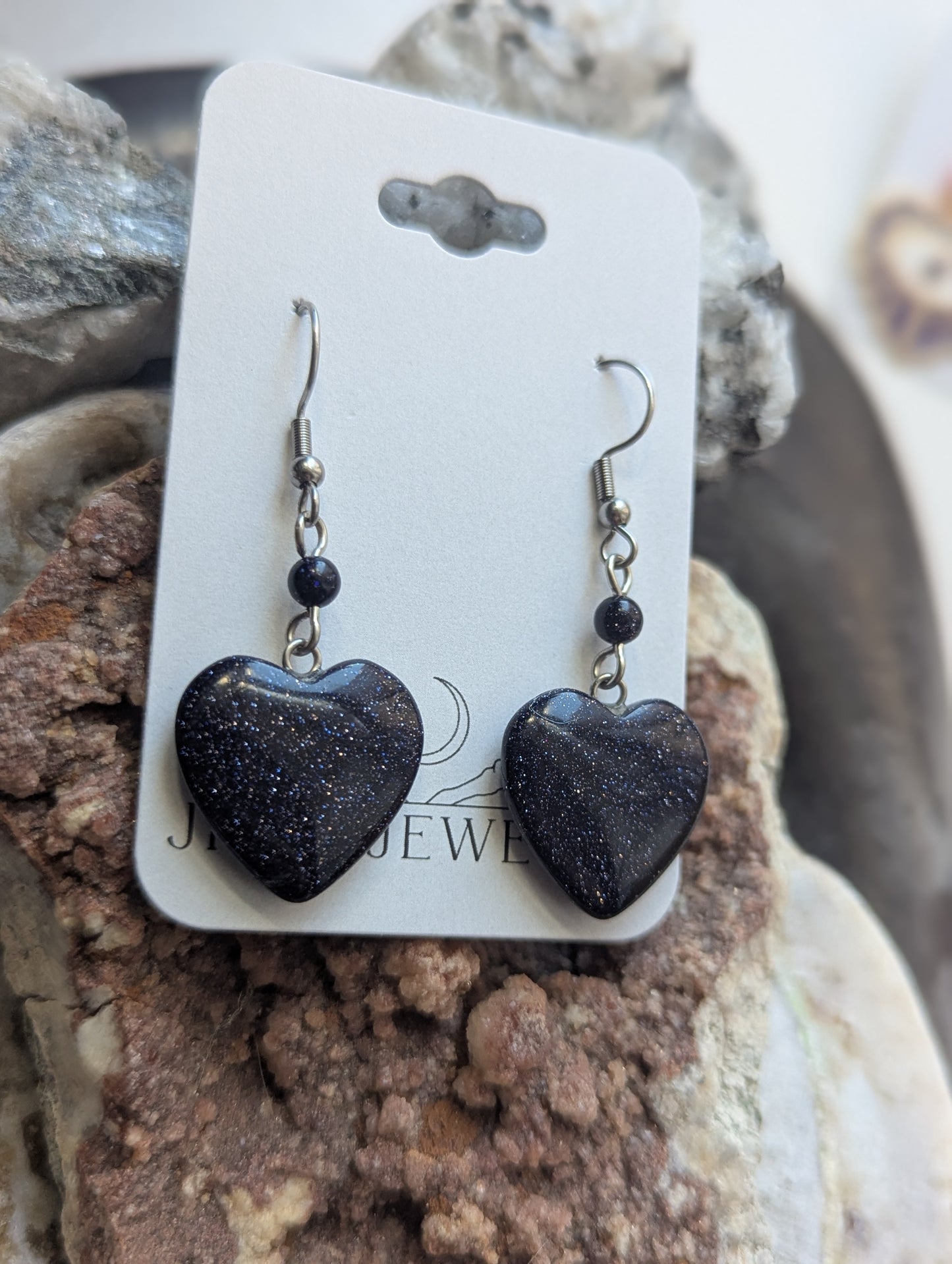 Blue Goldstone Heart Silver Earrings