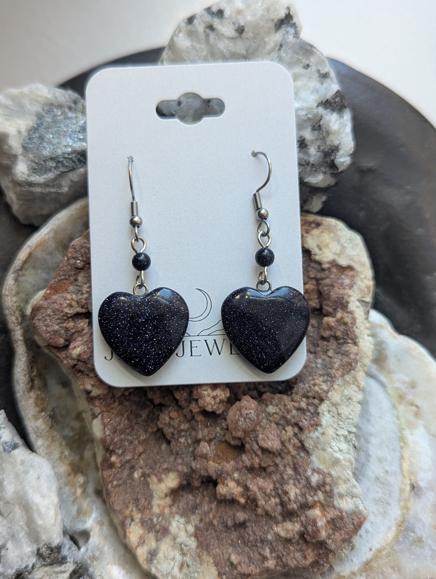 Blue Goldstone Heart Silver Earrings