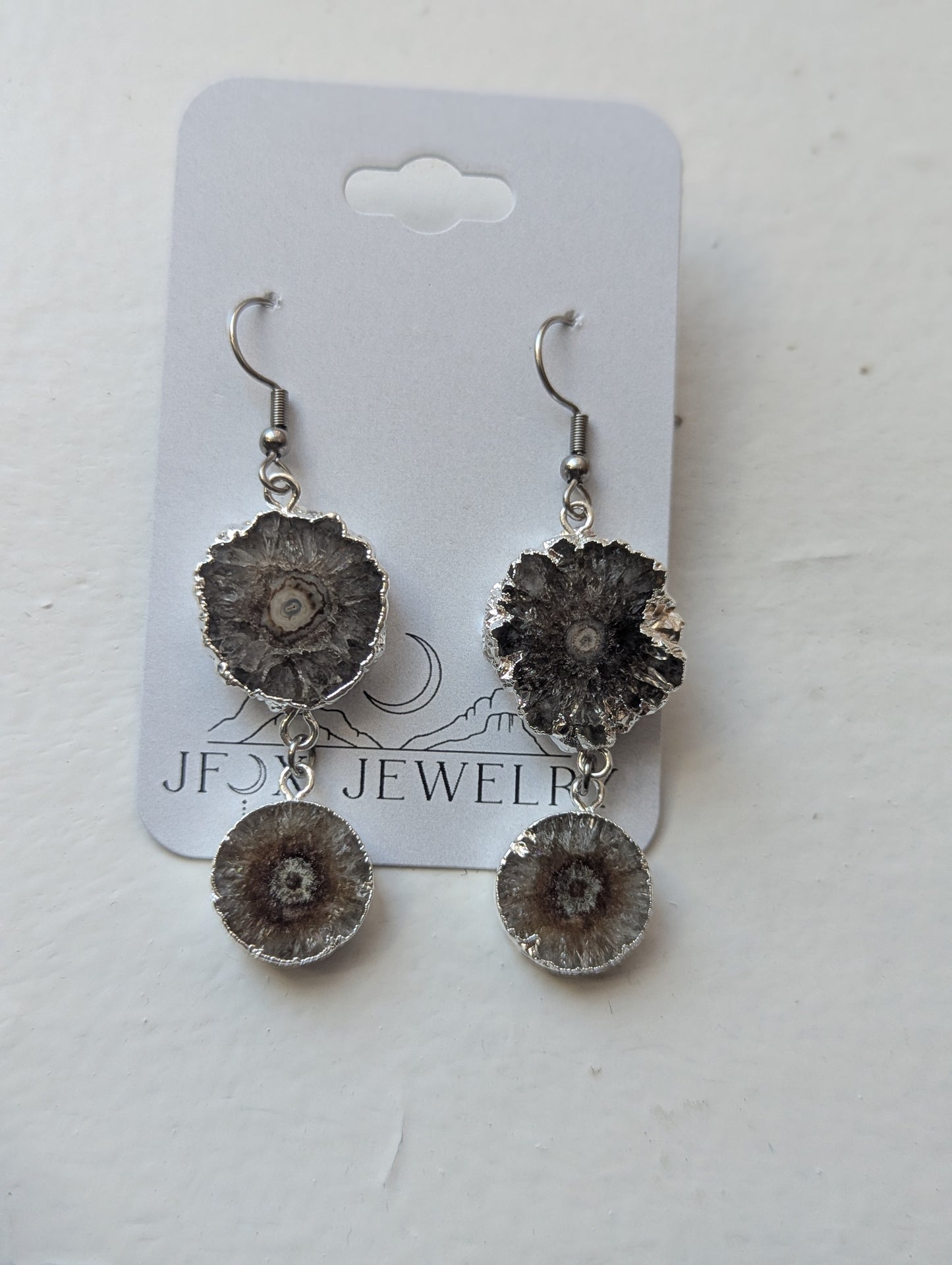 Brown Agate Slice Silver Duo Earrings