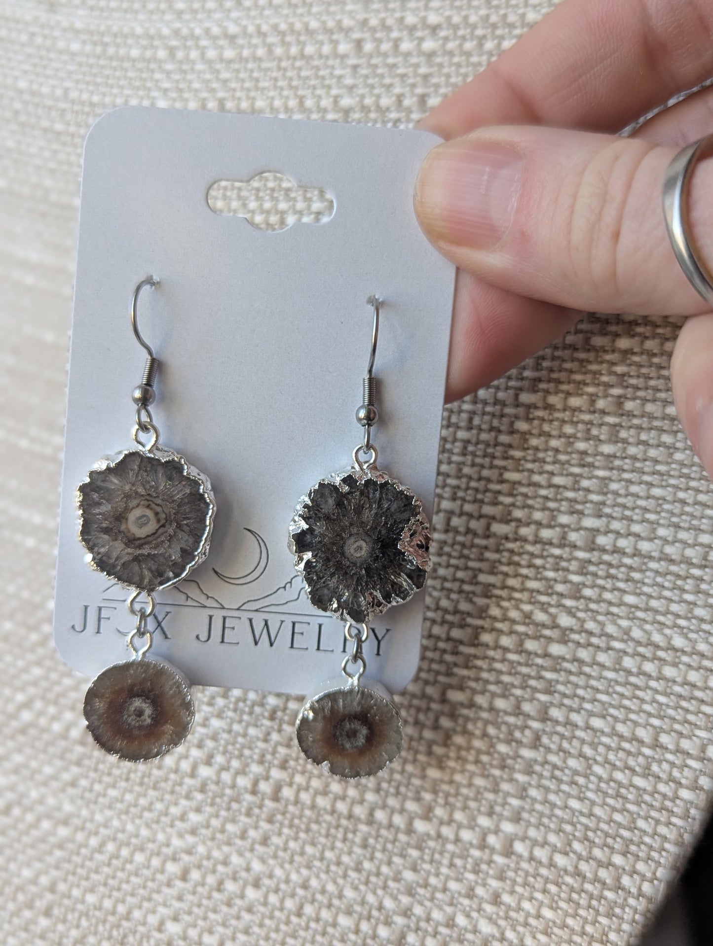 Brown Agate Slice Silver Duo Earrings