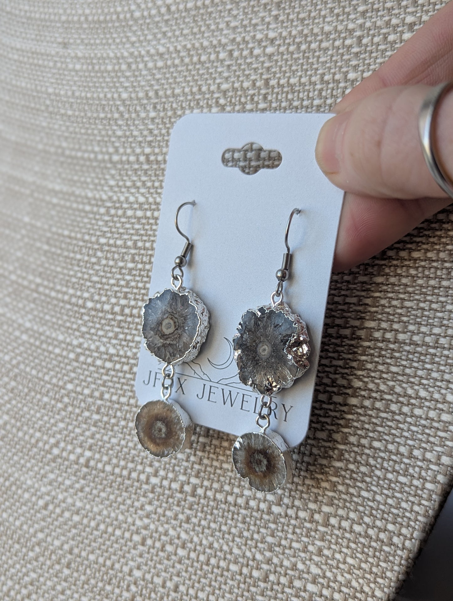Brown Agate Slice Silver Duo Earrings