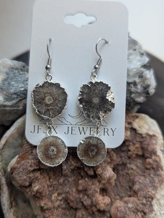 Brown Agate Slice Silver Duo Earrings