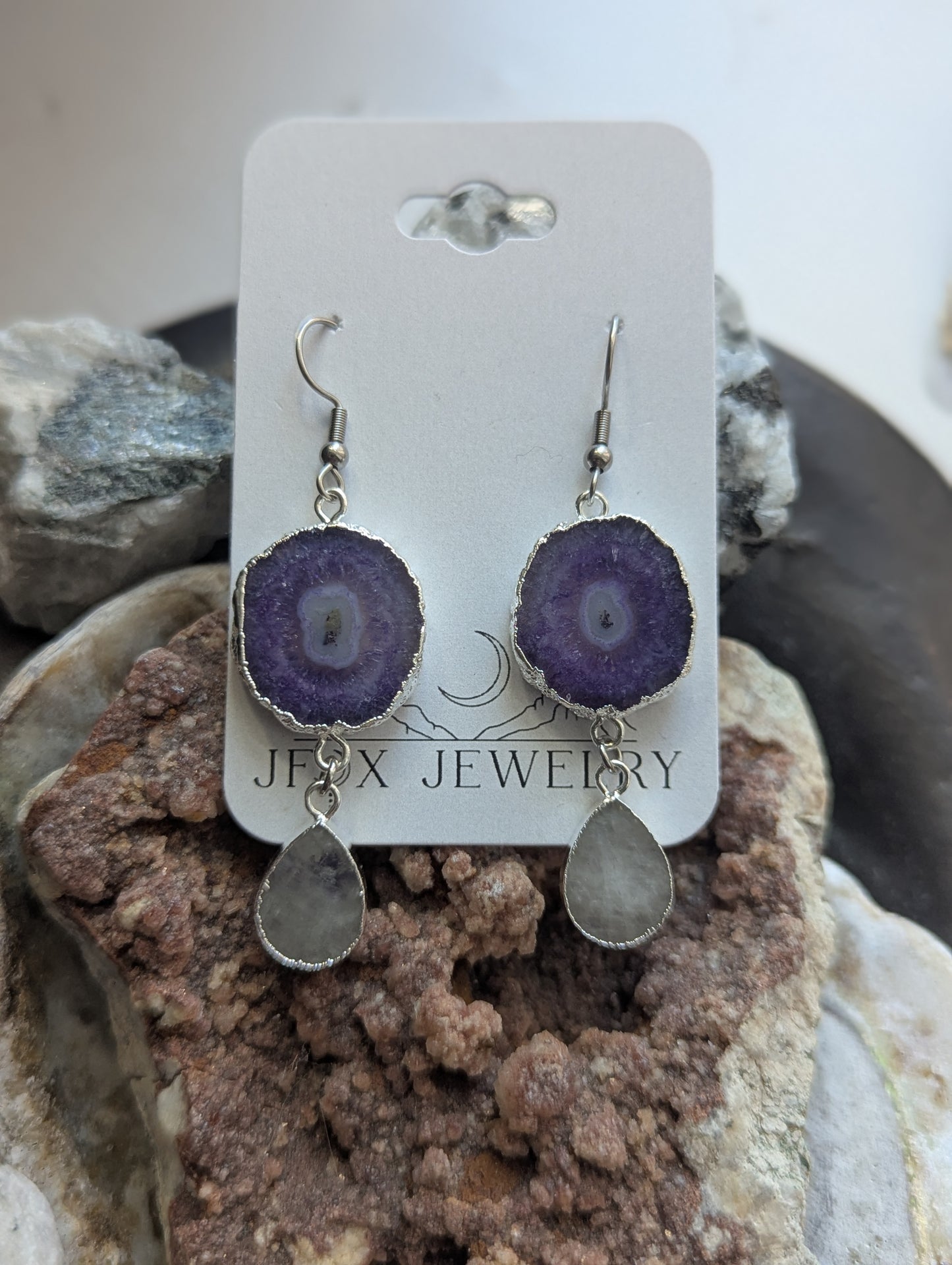 Purple Agate Slice w/ Moonstone Tear Drop Silver Earrings