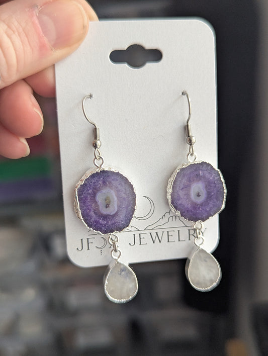 Purple Agate Slice w/ Moonstone Tear Drop Silver Earrings