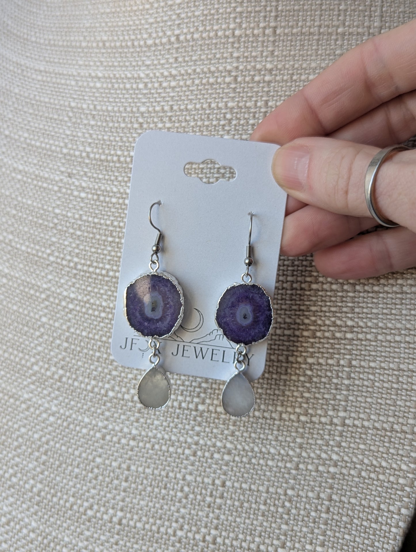 Purple Agate Slice w/ Moonstone Tear Drop Silver Earrings