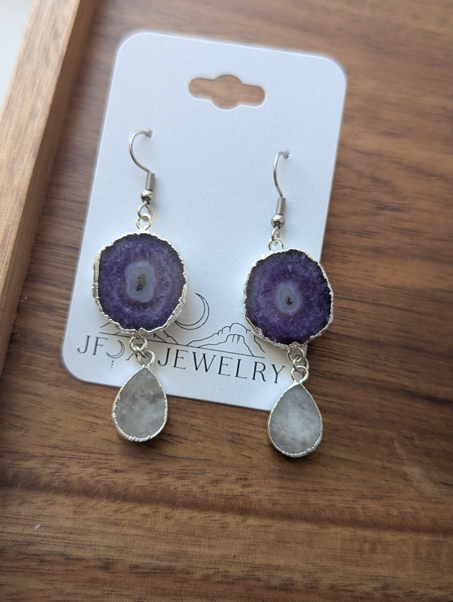 Purple Agate Slice w/ Moonstone Tear Drop Silver Earrings
