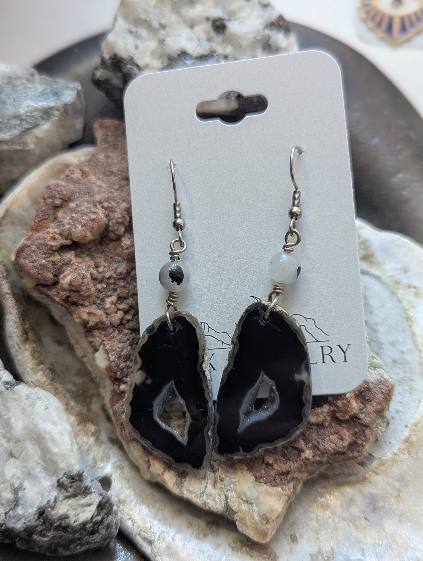 Black Agate Druzy Slice Silver Earrings