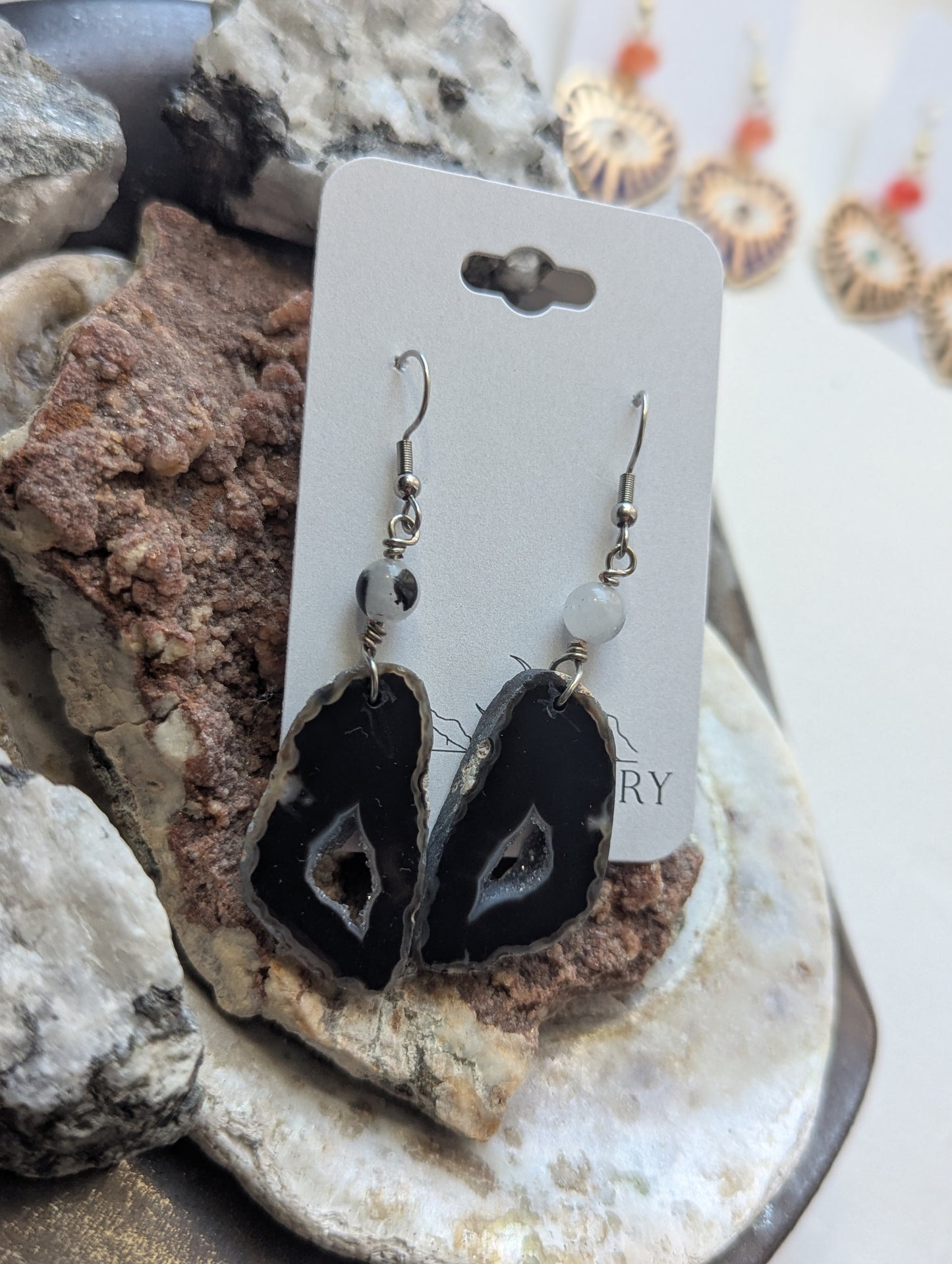 Black Agate Druzy Slice Silver Earrings