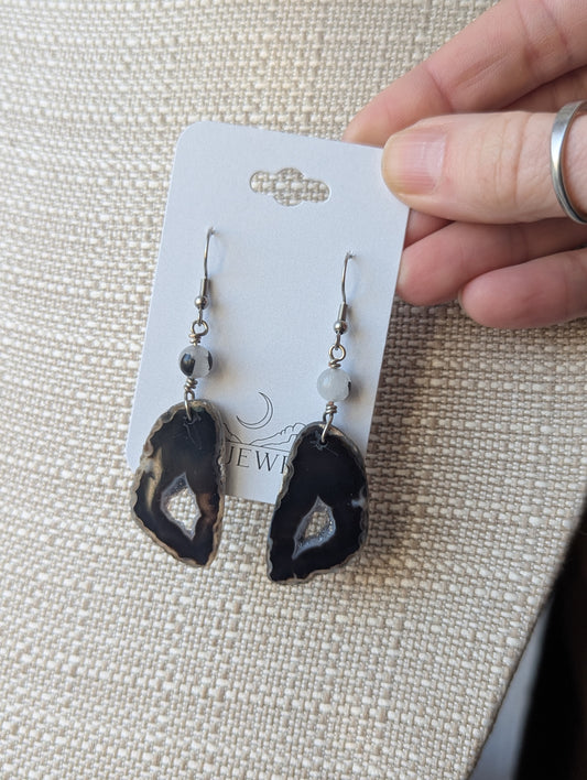 Black Agate Druzy Slice Silver Earrings