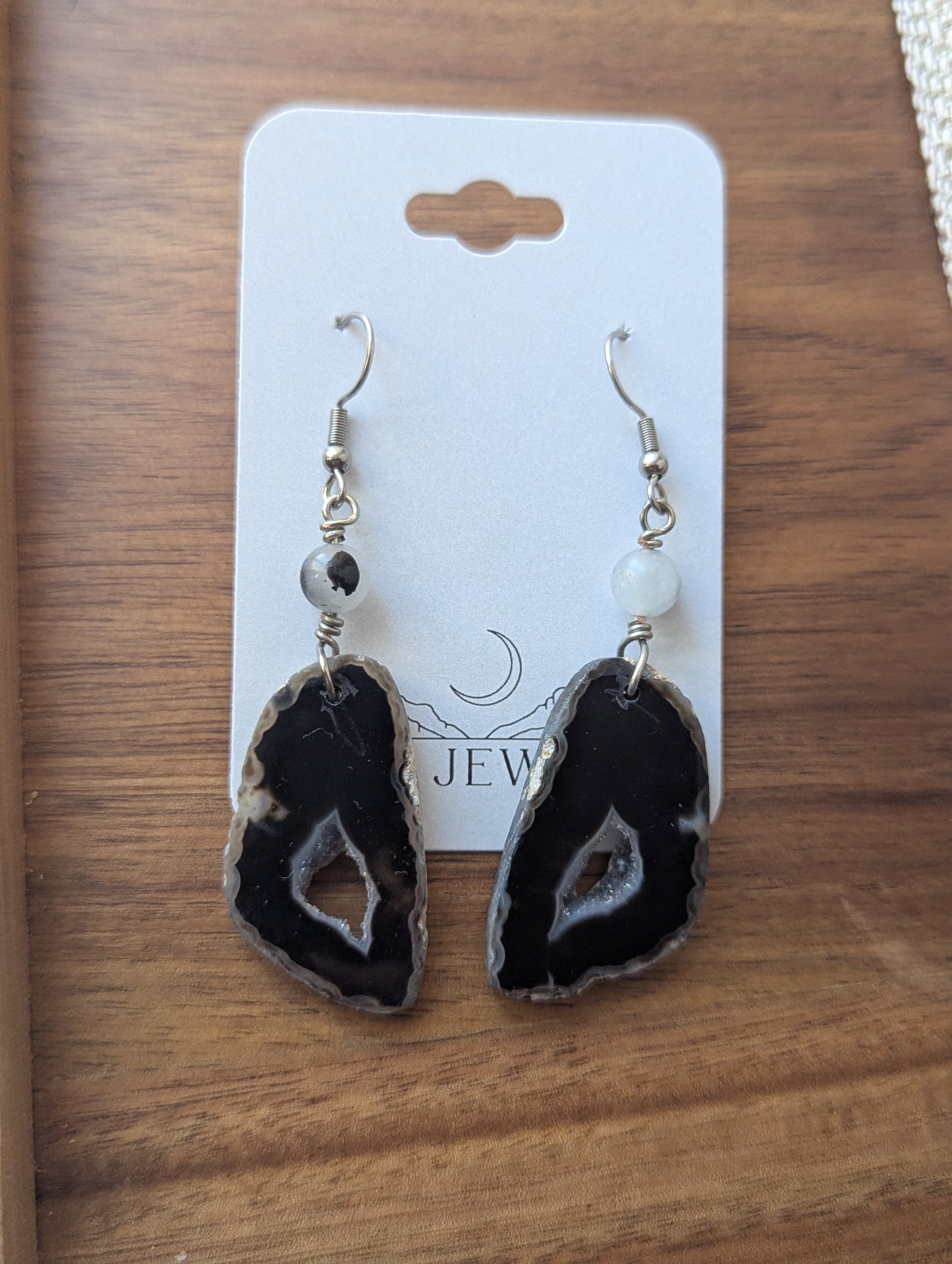 Black Agate Druzy Slice Silver Earrings