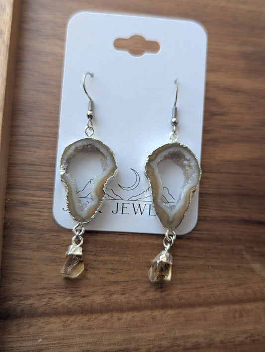 White Agate Druzy Slice with Citrine Silver Earrings