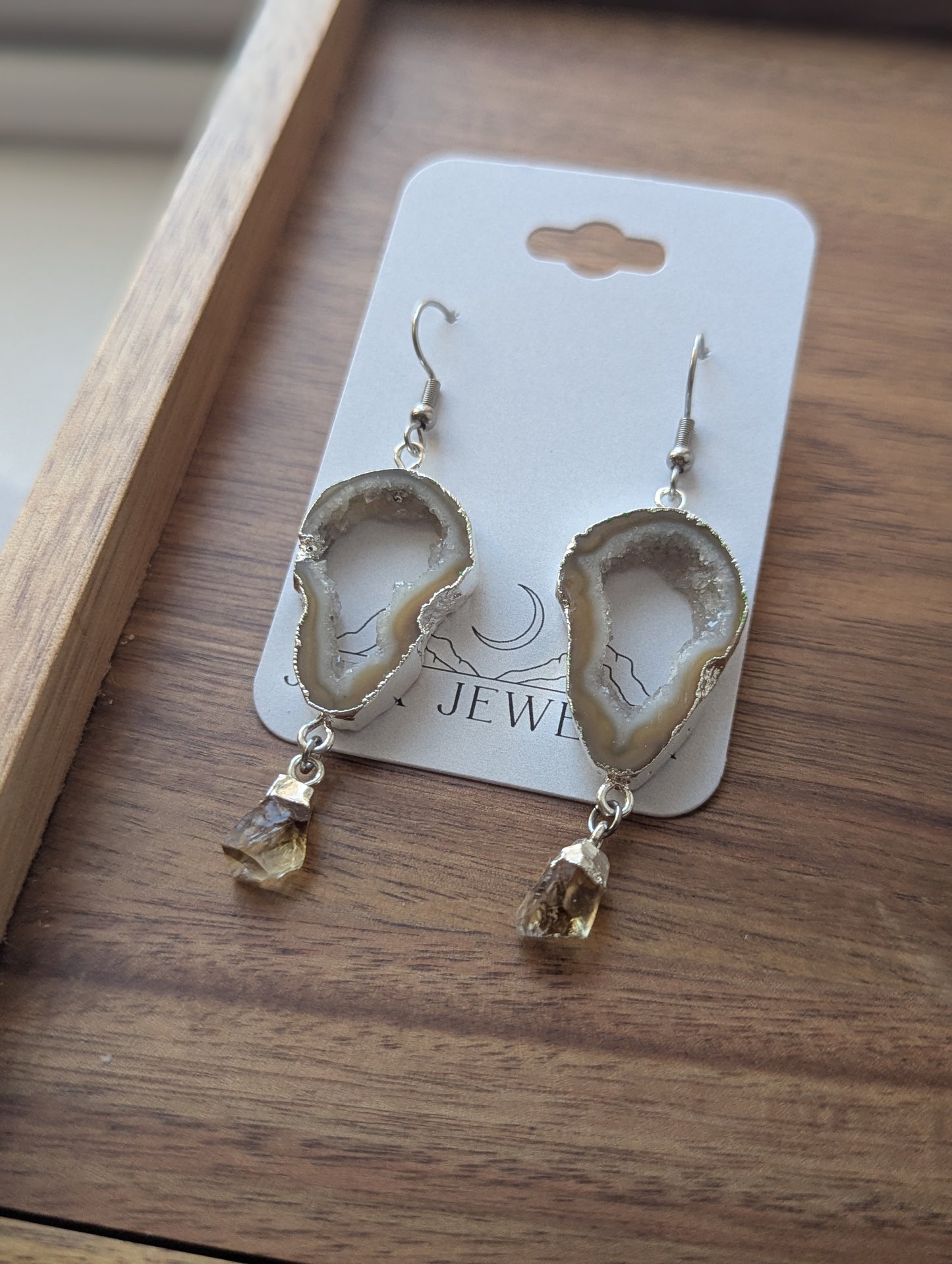 White Agate Druzy Slice with Citrine Silver Earrings