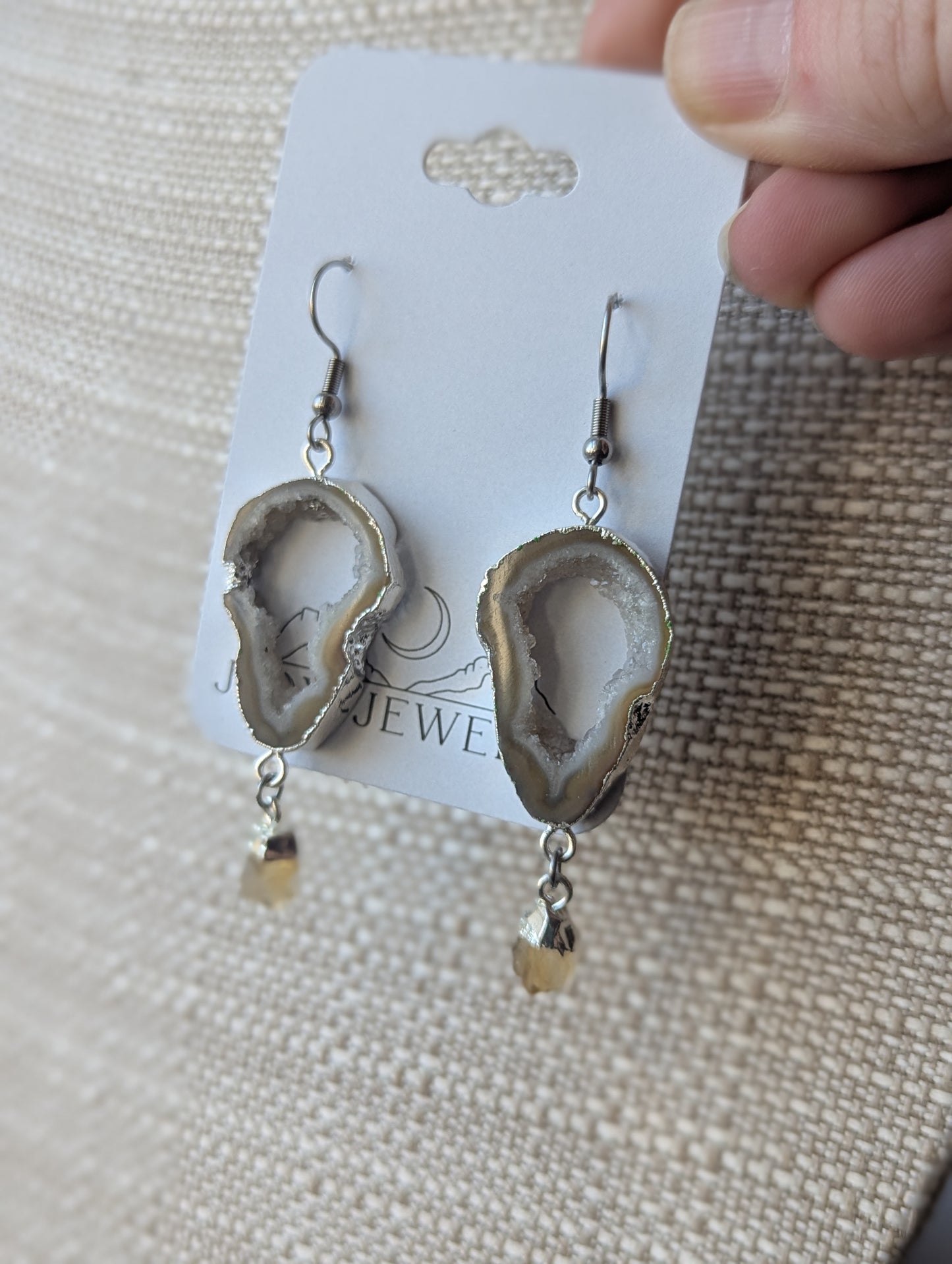 White Agate Druzy Slice with Citrine Silver Earrings