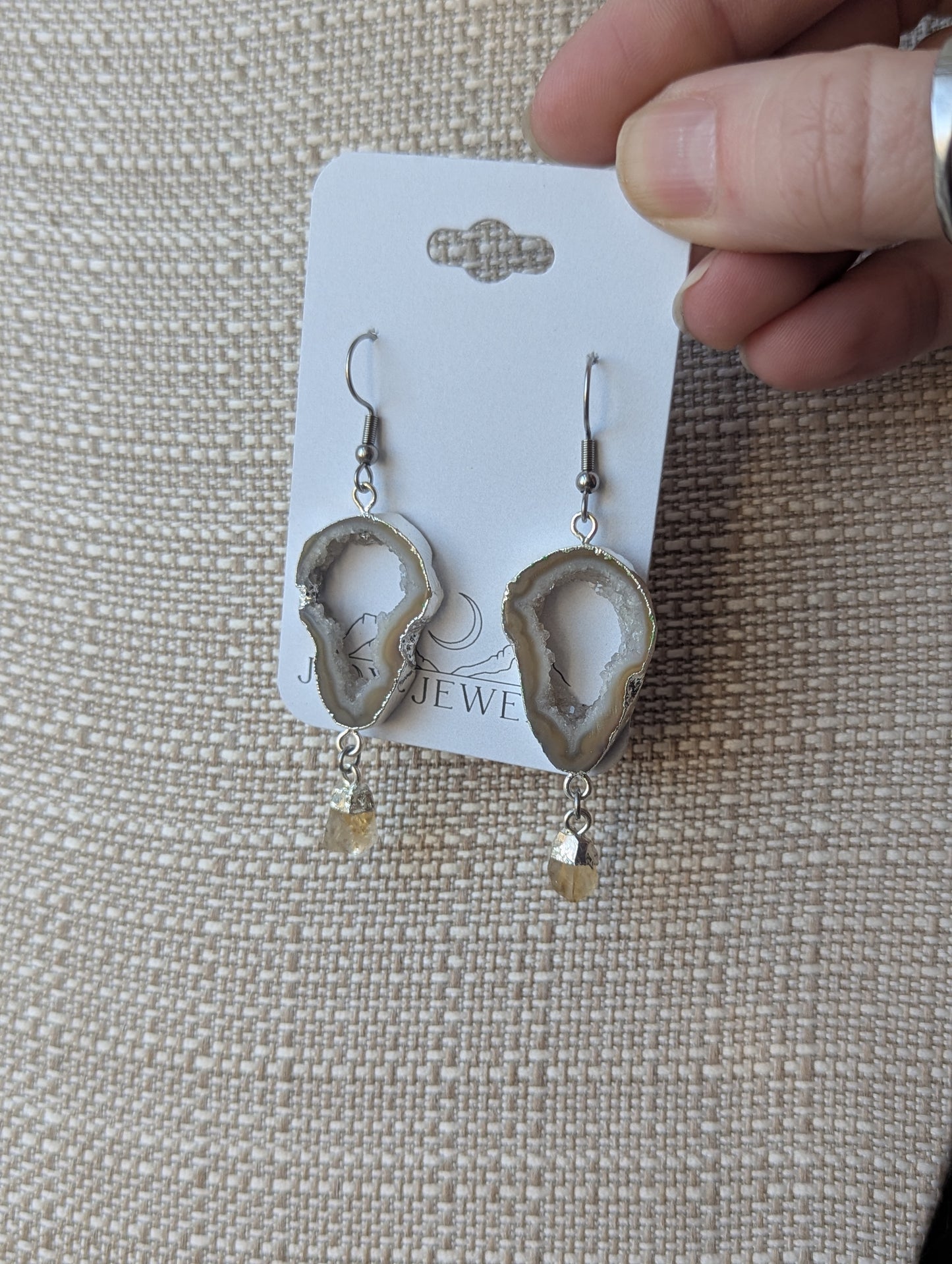 White Agate Druzy Slice with Citrine Silver Earrings