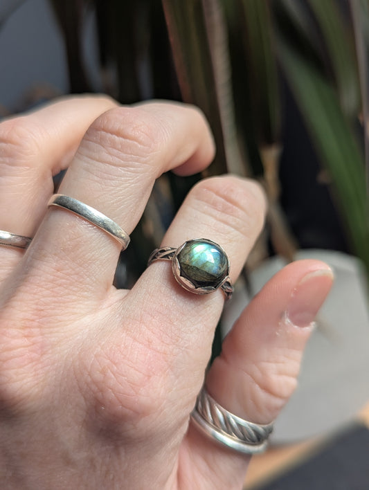 Labradorite Round Sterling Silver Braided Band RIng (ready to ship) Size 6.5
