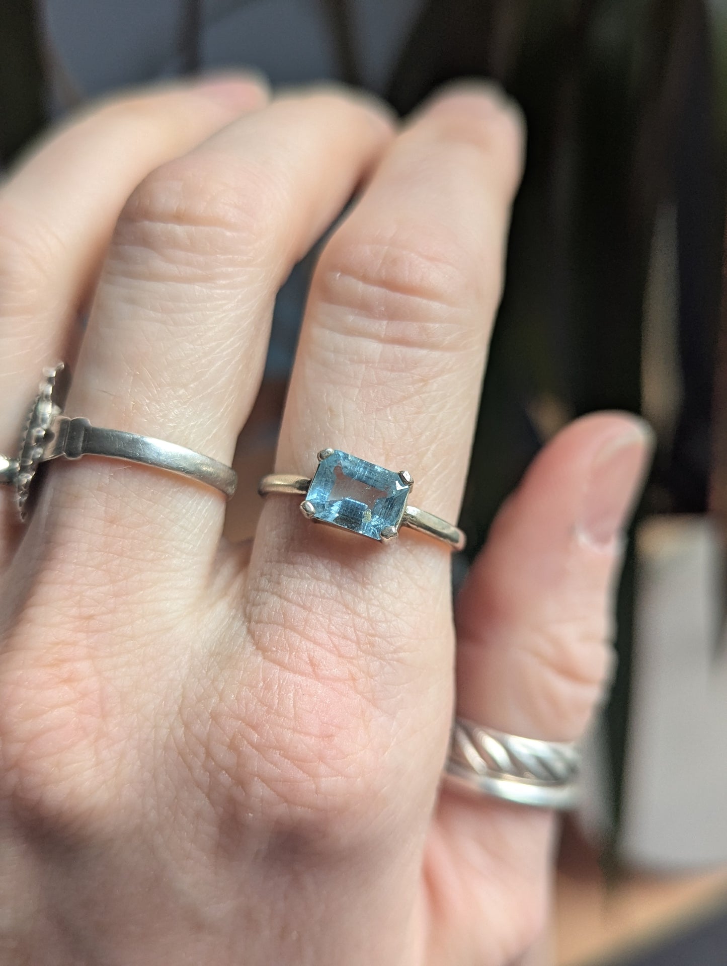 Aquamarine Rectangle Prong Setting Sterling Silver (Ready to Ship) Size 7 + 8