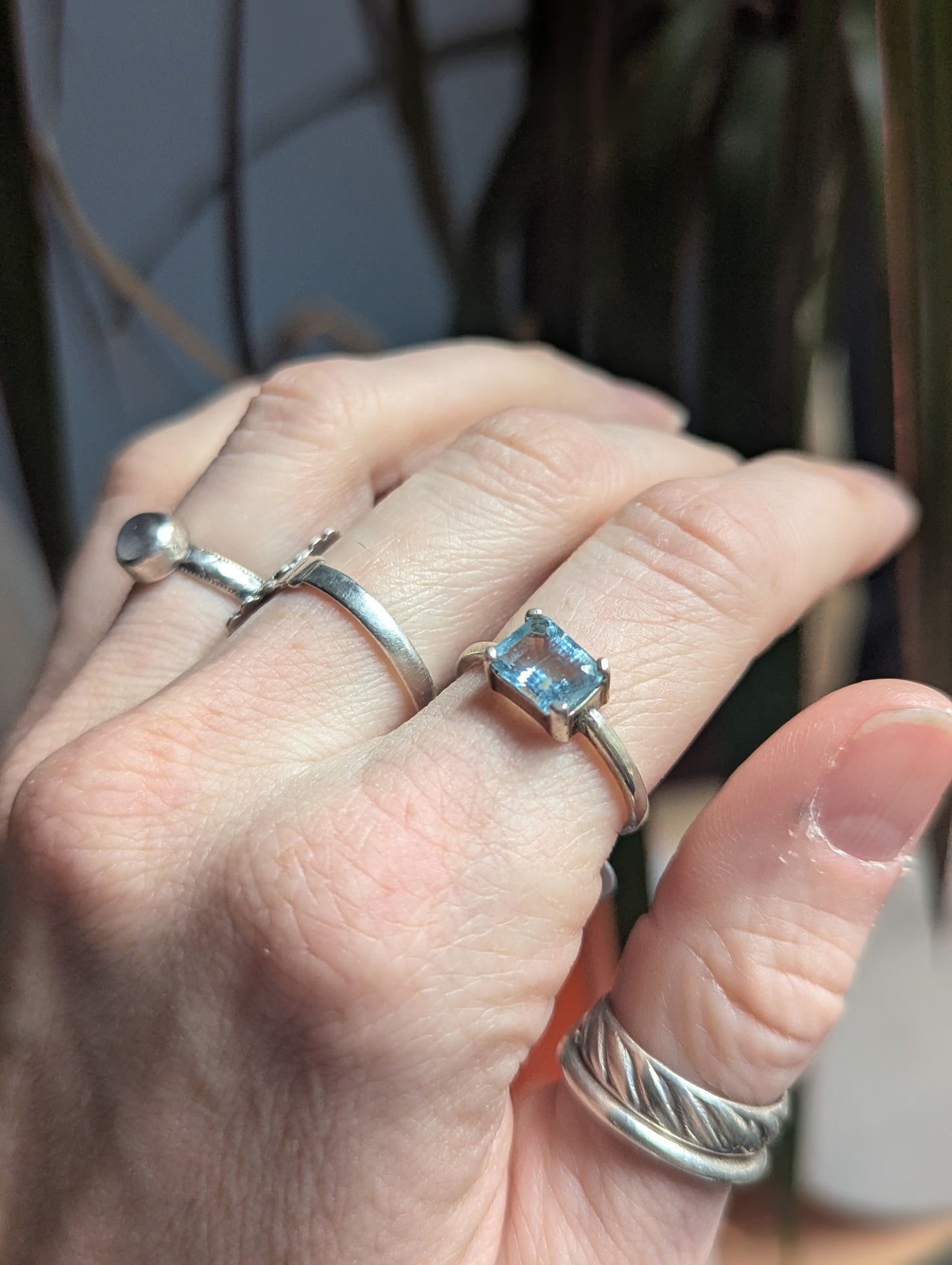 Aquamarine Rectangle Prong Setting Sterling Silver (Ready to Ship) Size 7 + 8