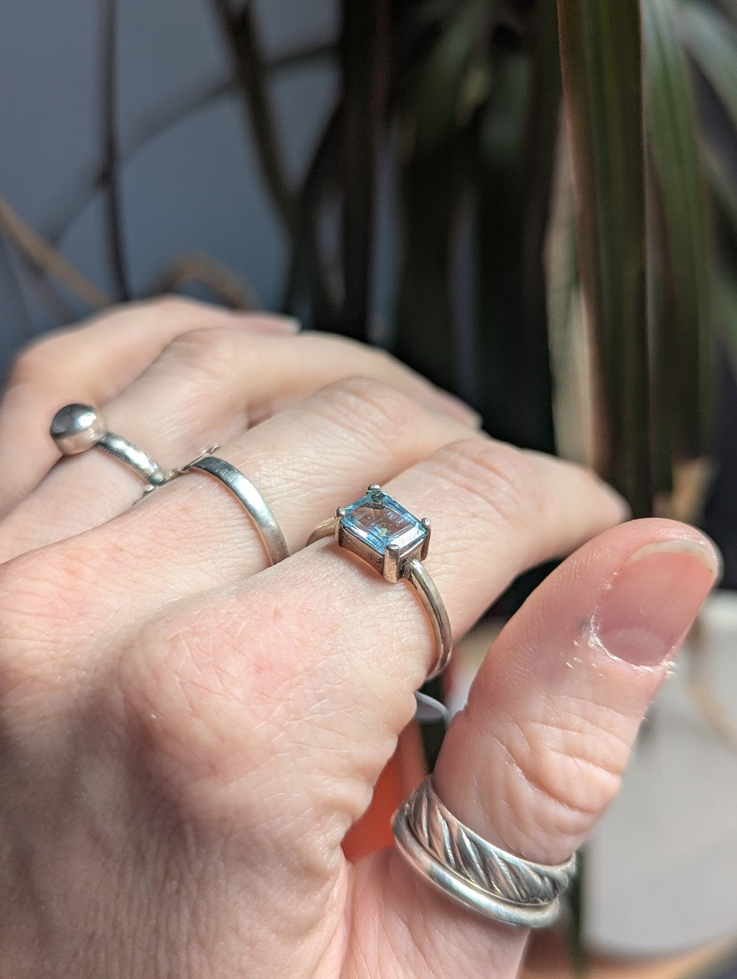 Aquamarine Rectangle Prong Setting Sterling Silver (Ready to Ship) Size 7 + 8
