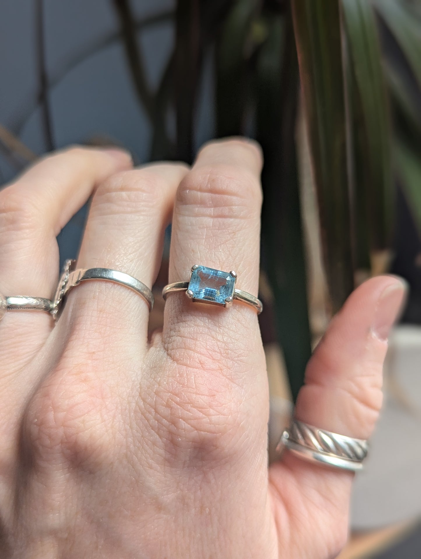 Aquamarine Rectangle Prong Setting Sterling Silver (Ready to Ship) Size 7 + 8