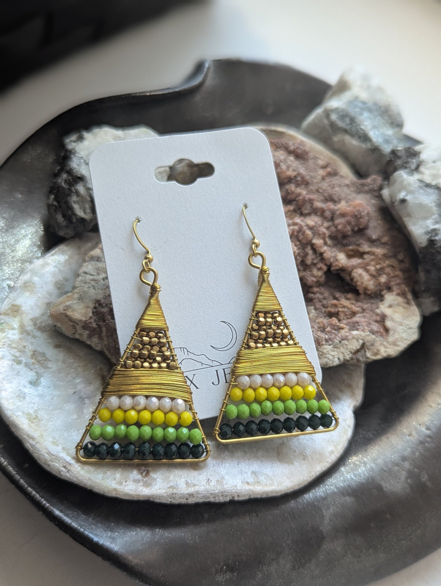 Green and Yellow Beaded Wire-wrapped Triangle Brass Earrings