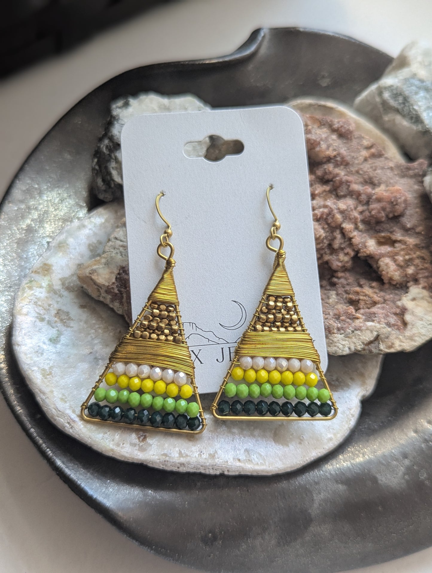 Green and Yellow Beaded Wire-wrapped Triangle Brass Earrings