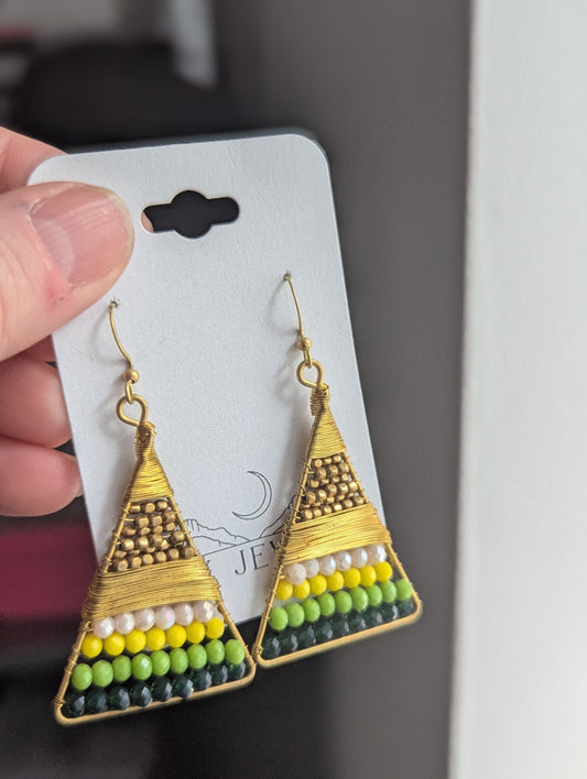 Green and Yellow Beaded Wire-wrapped Triangle Brass Earrings