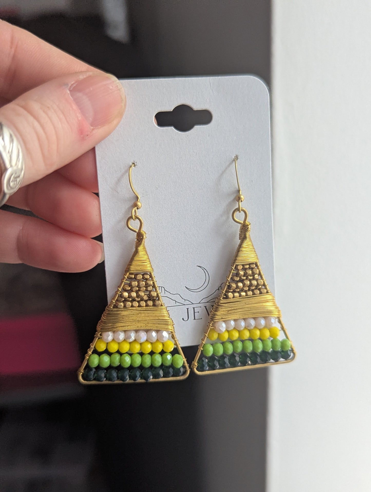 Green and Yellow Beaded Wire-wrapped Triangle Brass Earrings