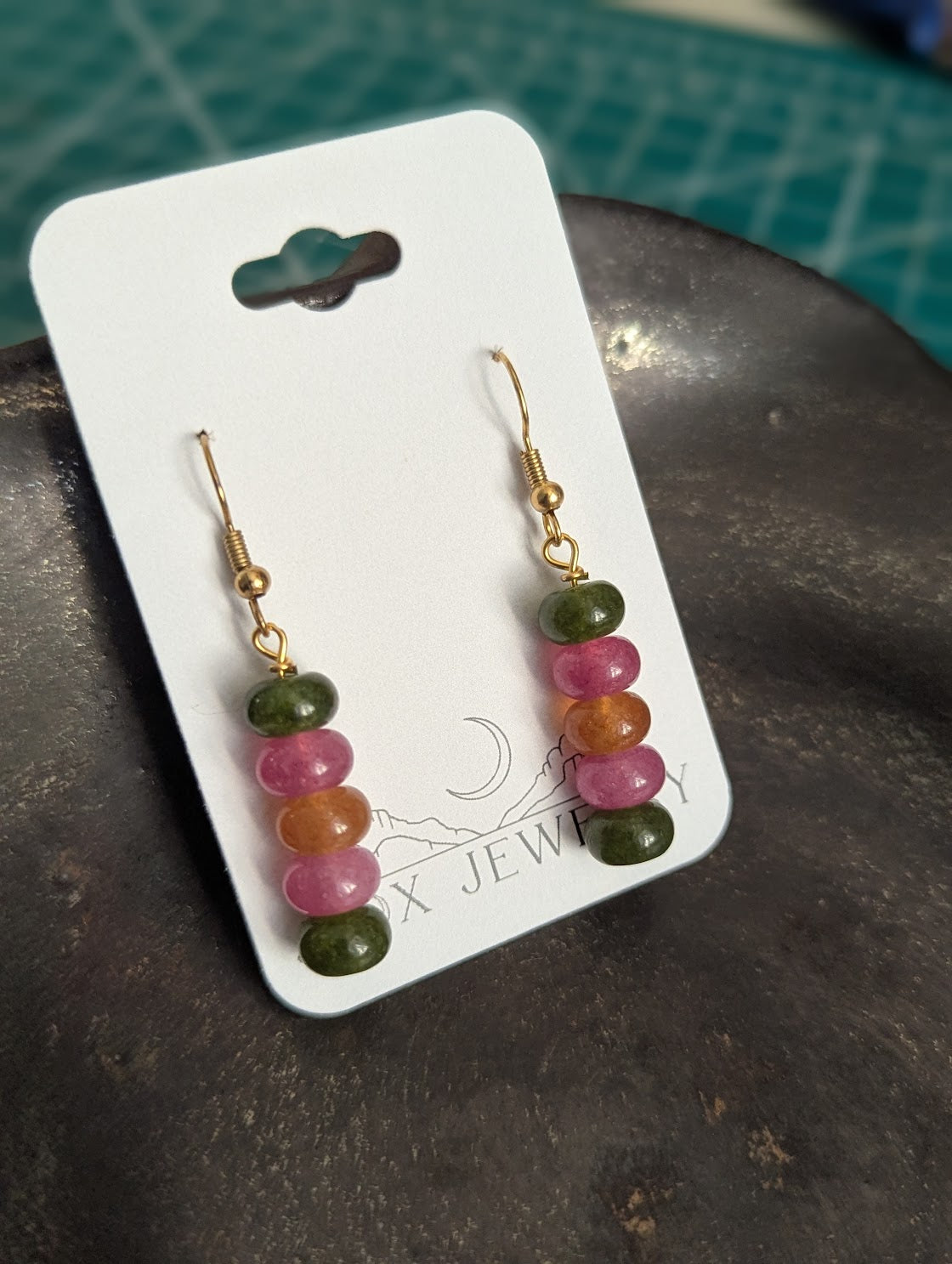 Tourmaline Jewel Tone Rondelle Beaded Drop Gold Earrings
