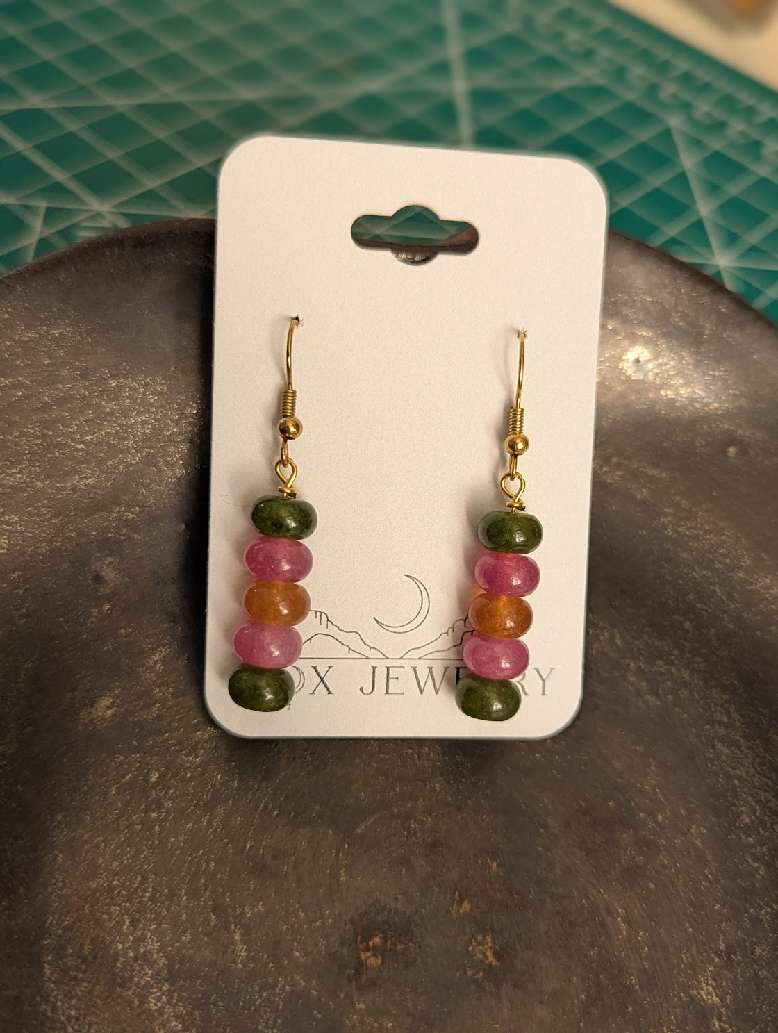 Tourmaline Jewel Tone Rondelle Beaded Drop Gold Earrings