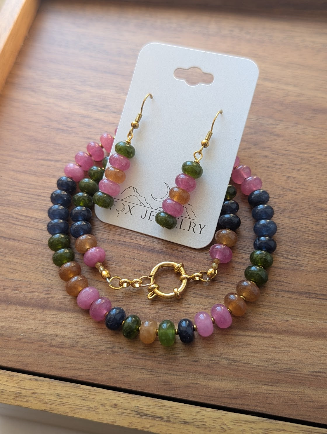 Tourmaline Jewel Tone Rondelle Beaded Drop Gold Earrings