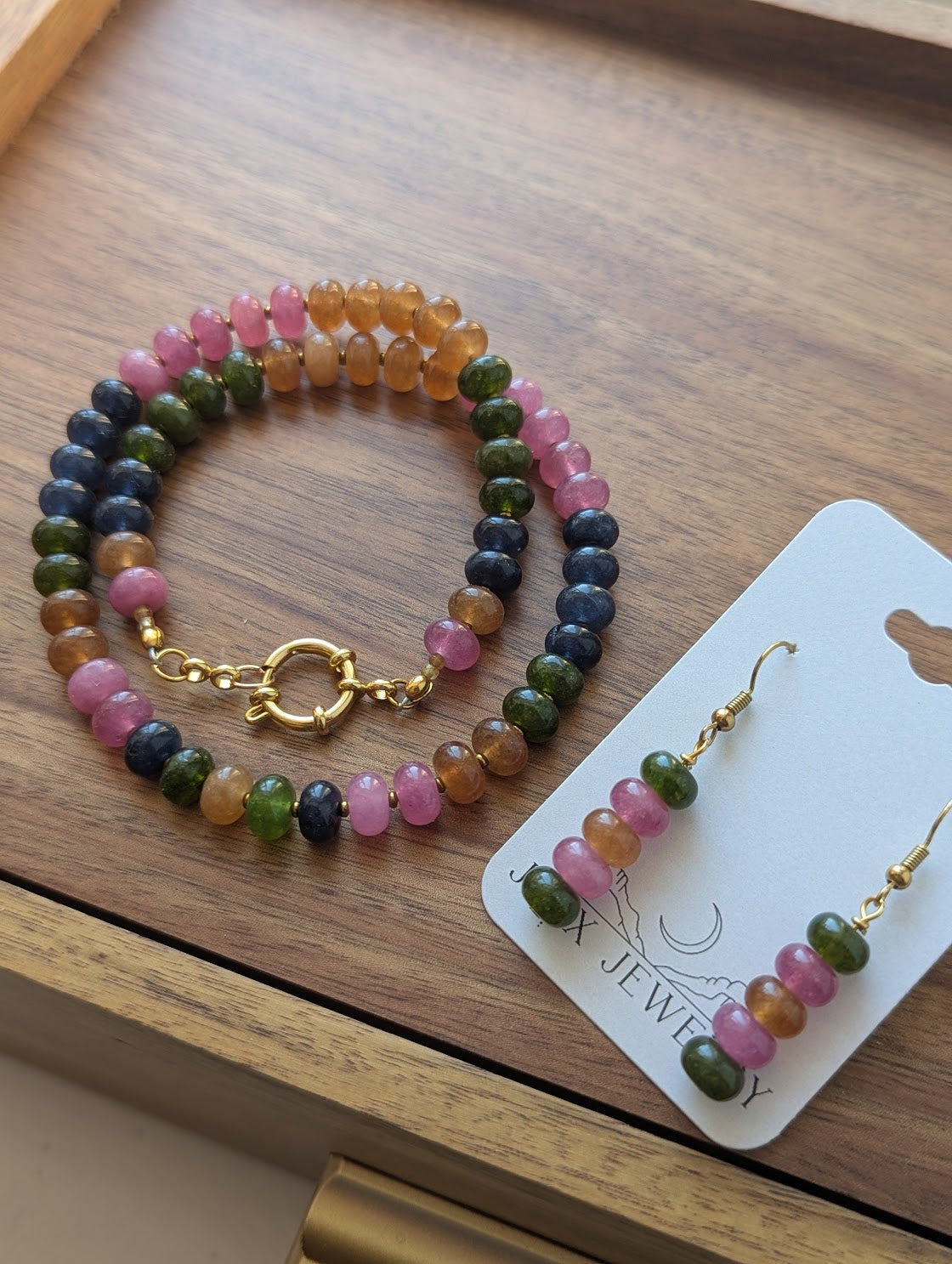 Tourmaline Jewel Tone Rondelle Beaded Drop Gold Earrings