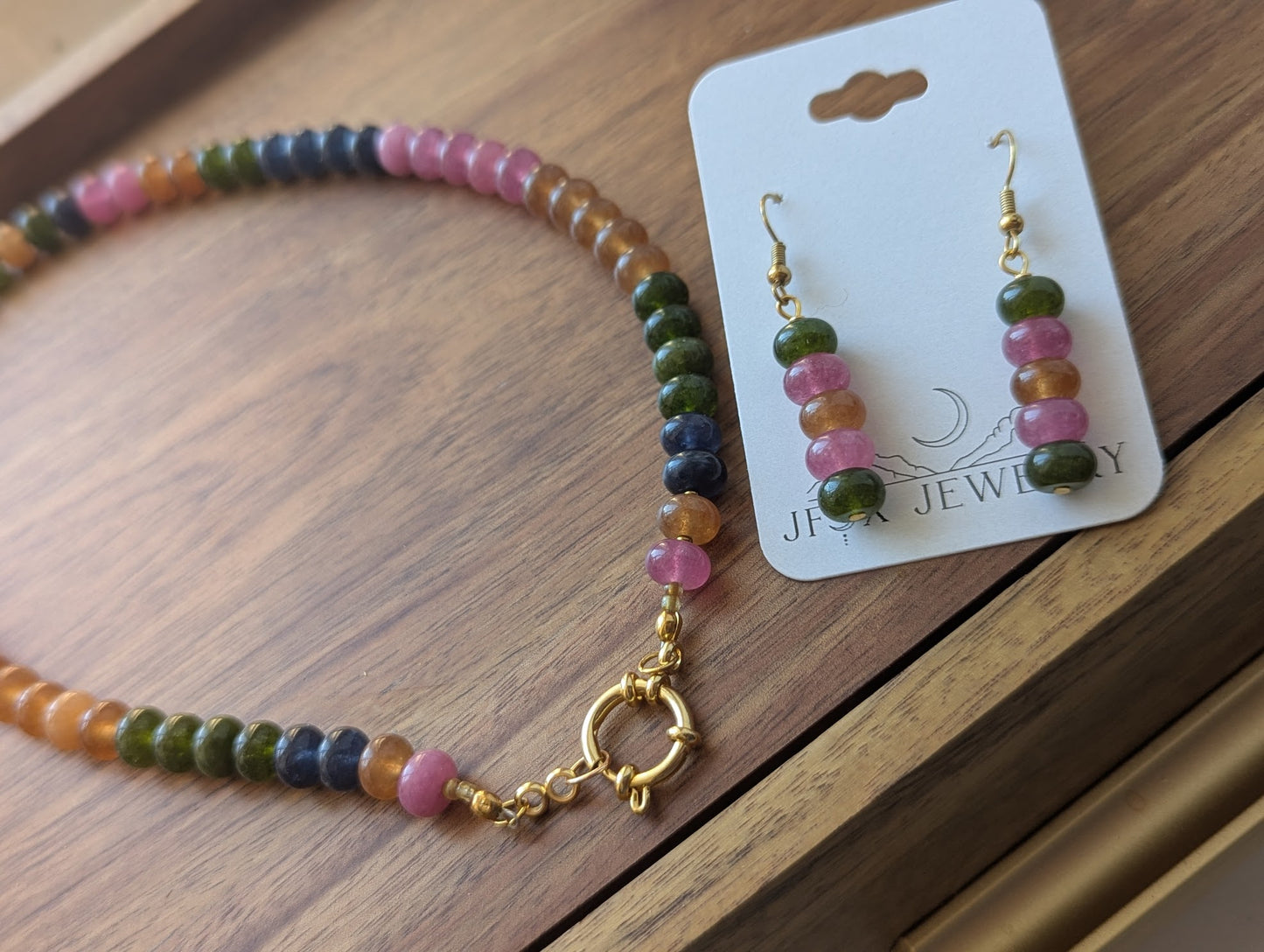 Tourmaline Jewel Tone Rondelle Beaded Drop Gold Earrings