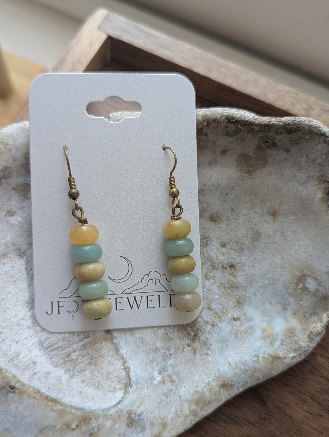 Amazonite Rondelle Beaded Drop Brass Earrings