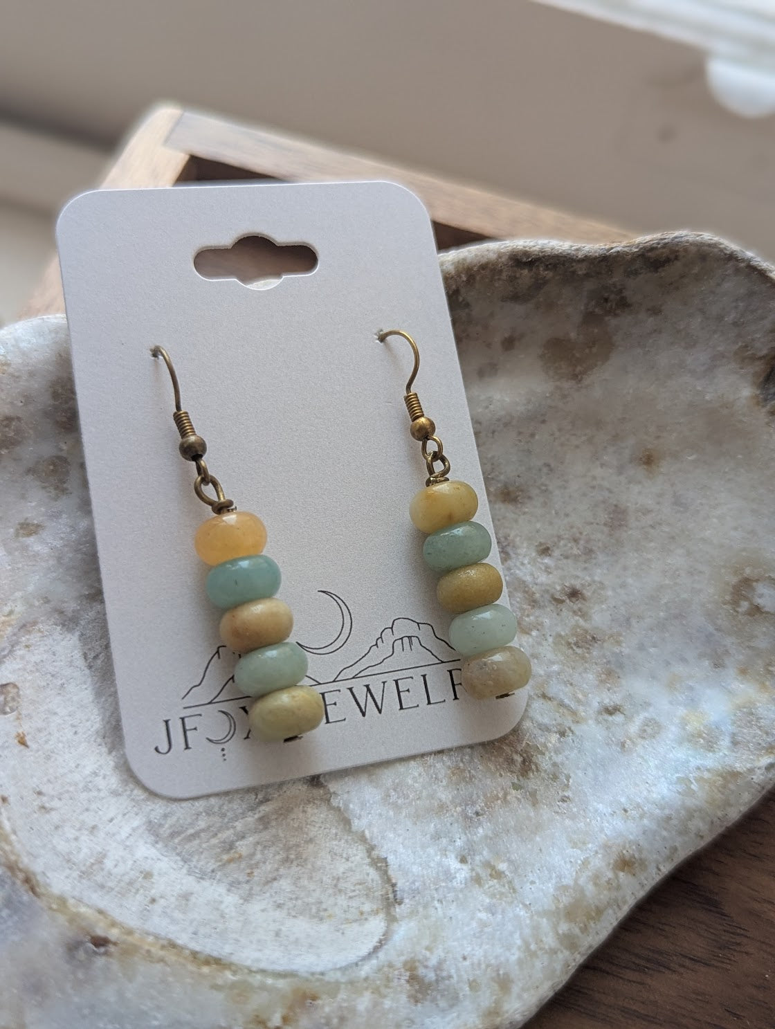 Amazonite Rondelle Beaded Drop Brass Earrings