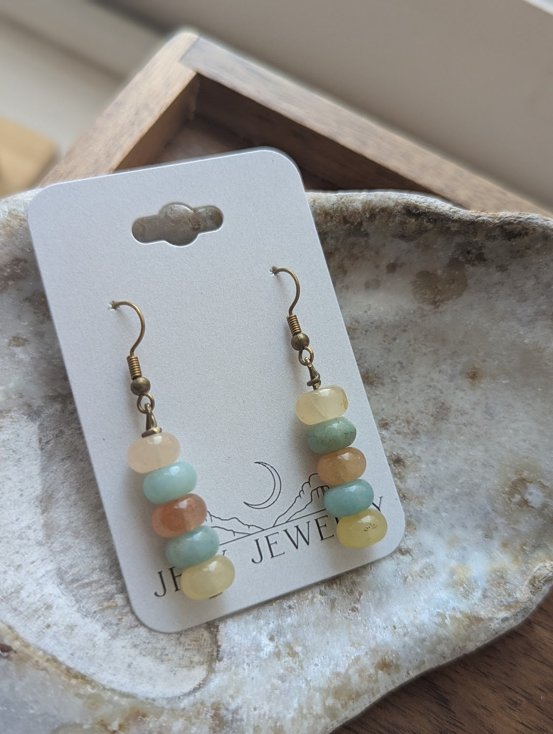 Amazonite Rondelle Beaded Drop Brass Earrings