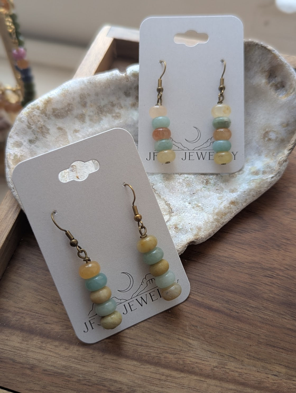 Amazonite Rondelle Beaded Drop Brass Earrings