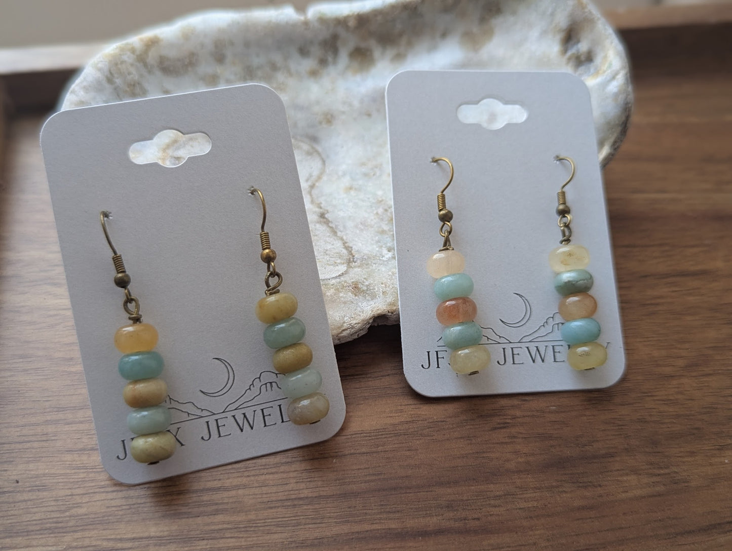 Amazonite Rondelle Beaded Drop Brass Earrings