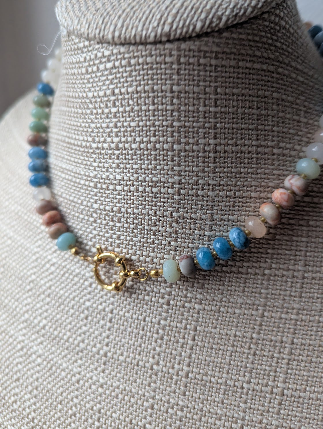 Rose Quartz, Red Vein Jasper, Aquamarine Rondelle Beaded Necklace (Silver or Gold)